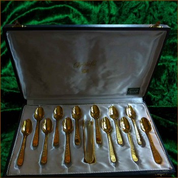 Christofle:Set of 12 mocha spoons and a sugar tong