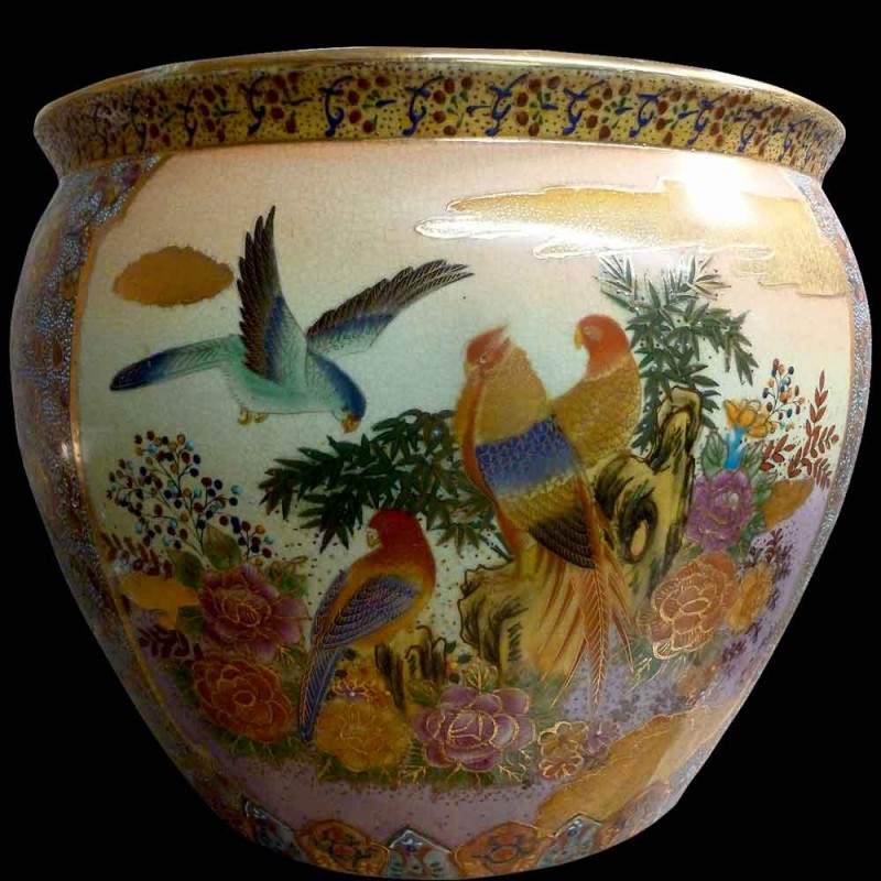 Vintage porcelain fish basin with landscape decor Satsuma Japan 20th century