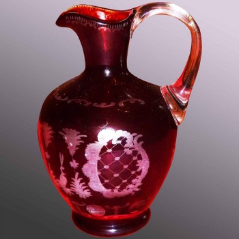 19th century Bohemian crystal pitcher wheel-engraved with forest animals, arabesques and foliate scrolls