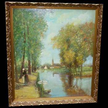 Pintura antigua de paisaje lacustre.