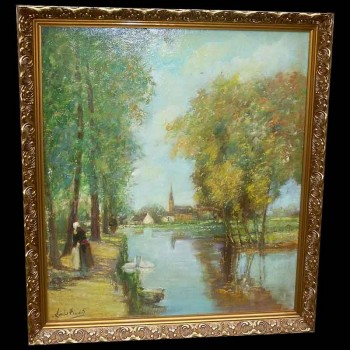 Dipinto di paesaggio lacustre fine XIX secolo inizio XX secolo