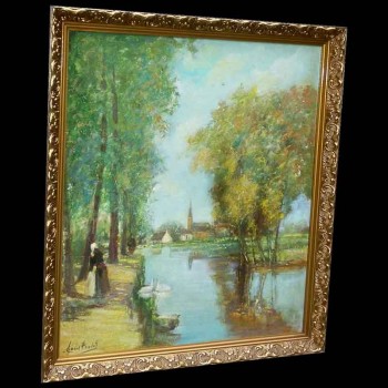 Tableau paysage lacustre ancien