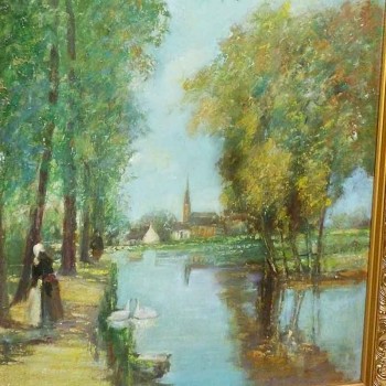 Painting lake landscape late 19 century early 20 century