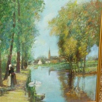 Tableau paysage lacustre ancien