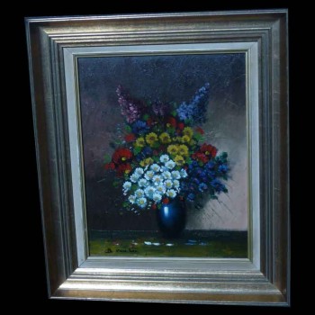 Olieverfschilderij op canvas stilleven met gesigneerd boeket bloemen