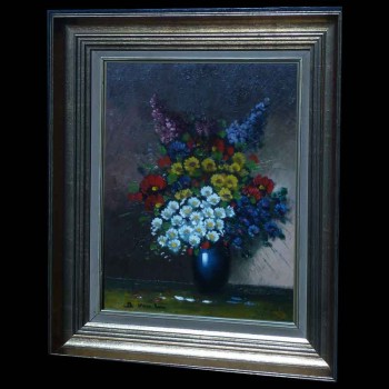 Olieverfschilderij op canvas stilleven met gesigneerd boeket bloemen