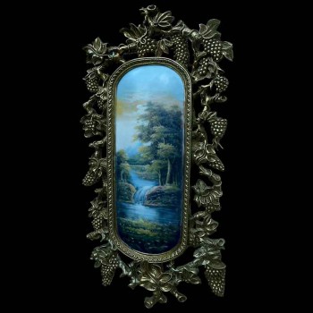 Painting oil on curved panel lake landscape 19th century