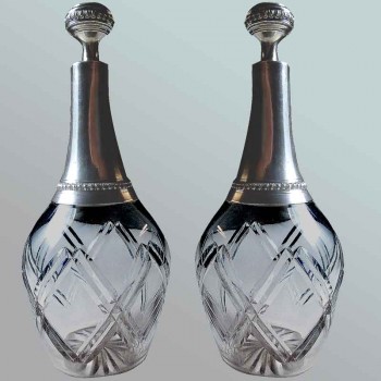 Coppia di decanter in cristallo con montature in argento massiccio, fine '800