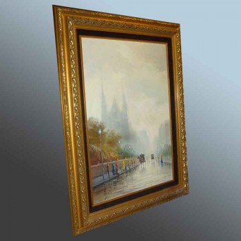 Groot olieverfschilderij op doek met een landelijk tafereel en de kathedraal van Chartres.