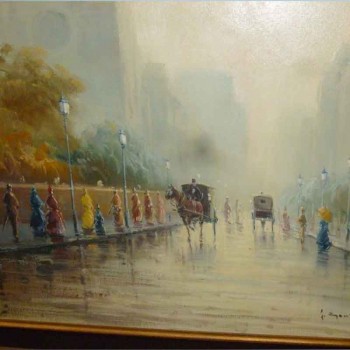Oil on canvas scene of lively life "Sunday walk"