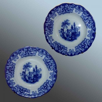 Pair of blue and white Staffordshire plates, Athena, 19th century