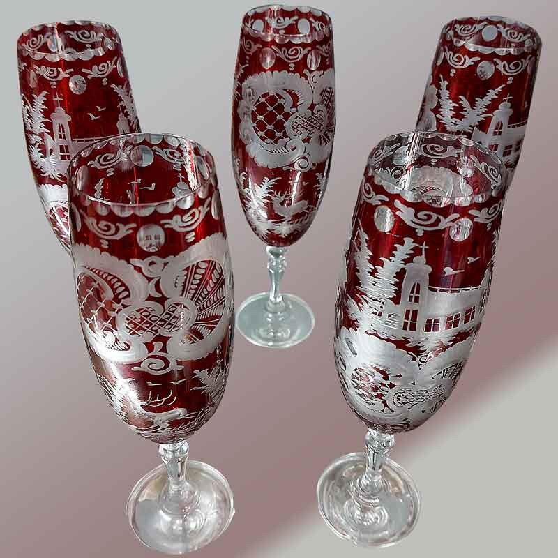 Série de 5 verres à champagne en cristal de bohème