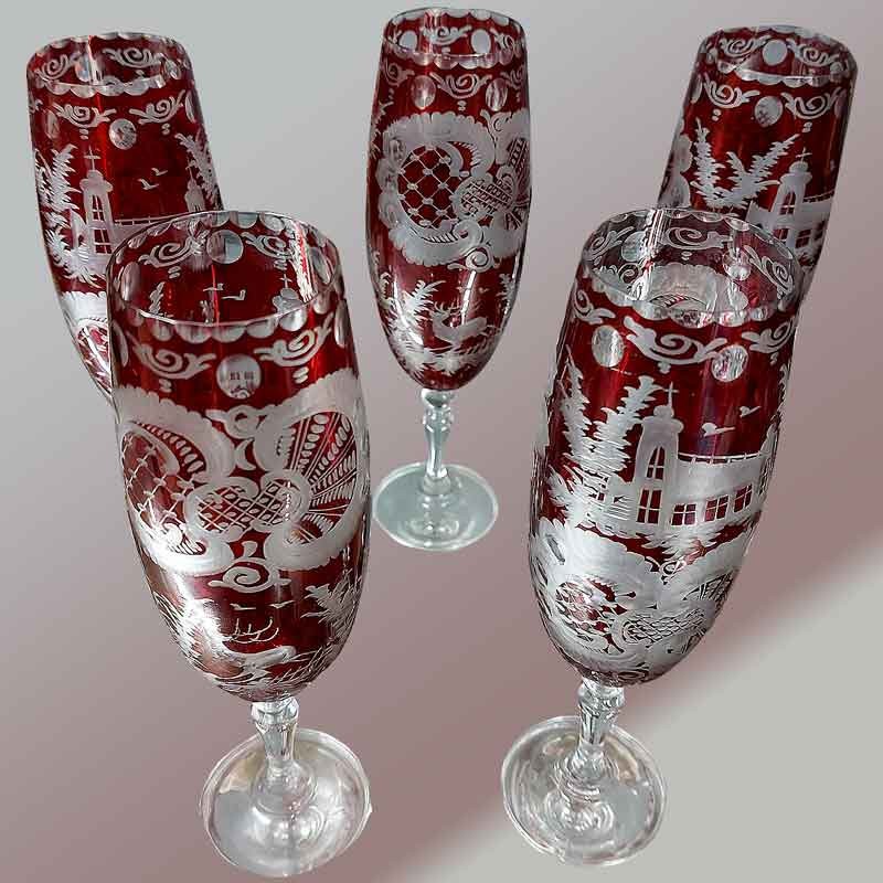 verres champagne cristal boheme rubis grave cerf xixe siecle
