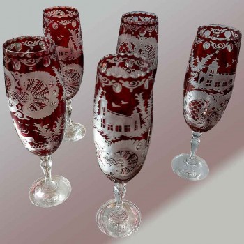 Bohemian ruby crystal champagne glasses engraved hunting scene 1880