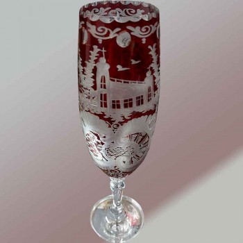 Bohemian ruby crystal champagne glasses engraved hunting scene 1880