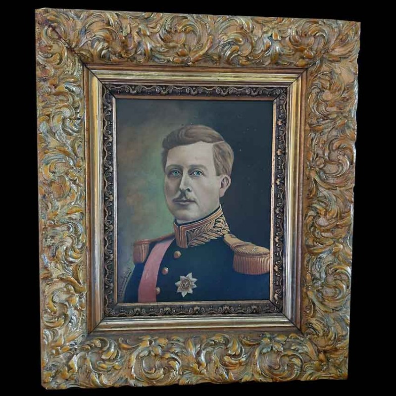 Portrait roi Albert 1 Belgique huile sur toile encadrée ancien