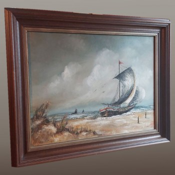 Tableau marine ancien scène de pêche huile sur toile XIXe signé