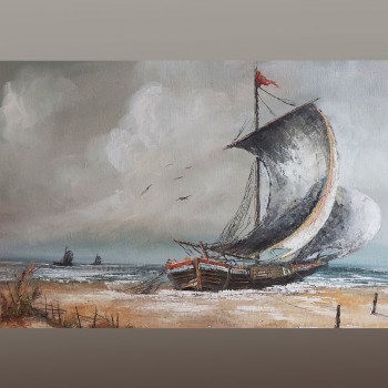 Antique marine painting fishing scene oil on canvas 19th century signed