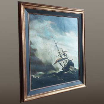 Tableau marine tempête navire école hollandaise XIXe siècle