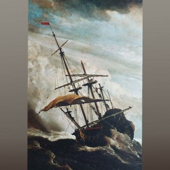 Zeegezicht, storm, schip, Hollandse school, 19e eeuw