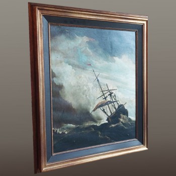 Pintura marina, tormenta, barco, escuela holandesa, siglo XIX.