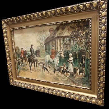 English lithograph, fox hunt, 19th century, framed color engraving