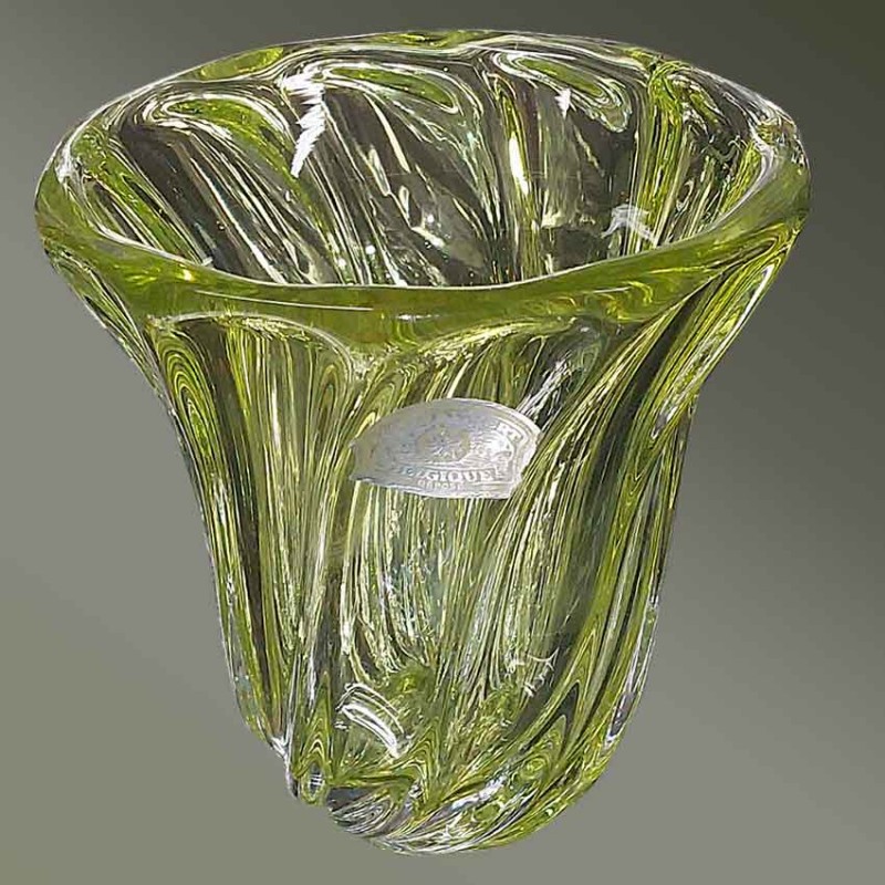 Vase cristal Val Saint Lambert René Delvenne jaune torsadé 1957