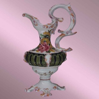vintage Art Deco ceramic ewer with polychrome floral decoration
