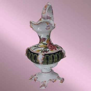 Brocca in ceramica Art Déco vintage con decorazione floreale policroma