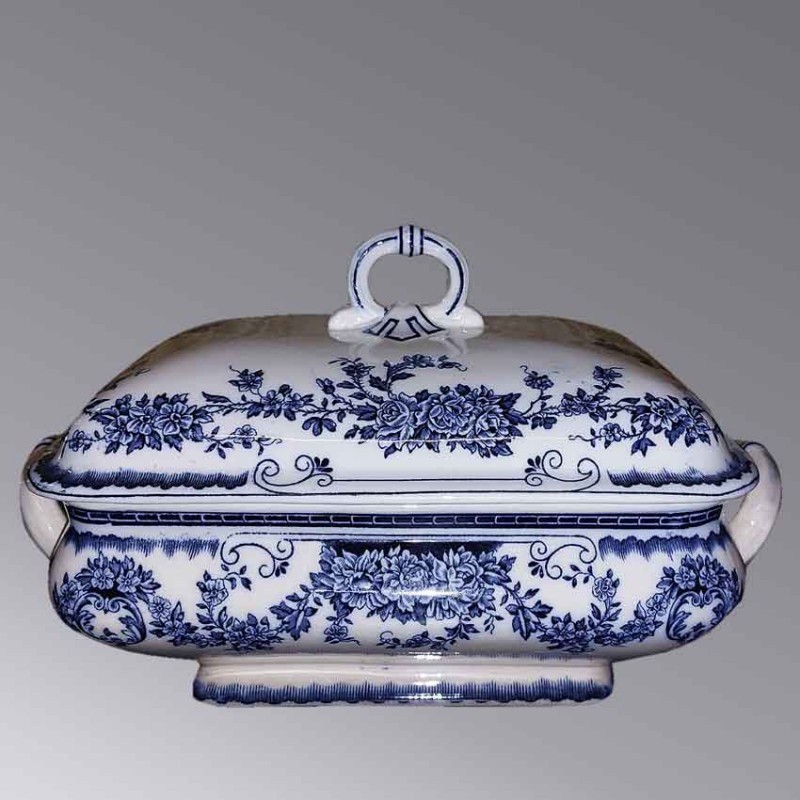 Gien Jugendstil-Gemüseschale, Steingut mit antikem Blumendekor, abgedeckt