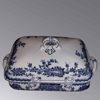 Gien Jugendstil-Gemüseschale, Steingut mit antikem Blumendekor, abgedeckt