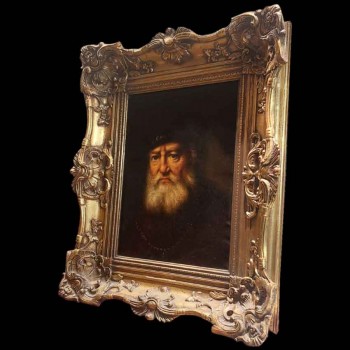 Portret van een bebaarde man in de stijl van Rembrandt, schilderij van de Hollandse School, antieke vergulde lijst.