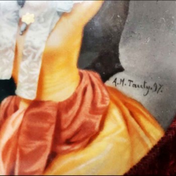 Dipinto in porcellana raffigurante Cleopatra, 1897, firmato Tauty, Lione, con cornice antica dorata.