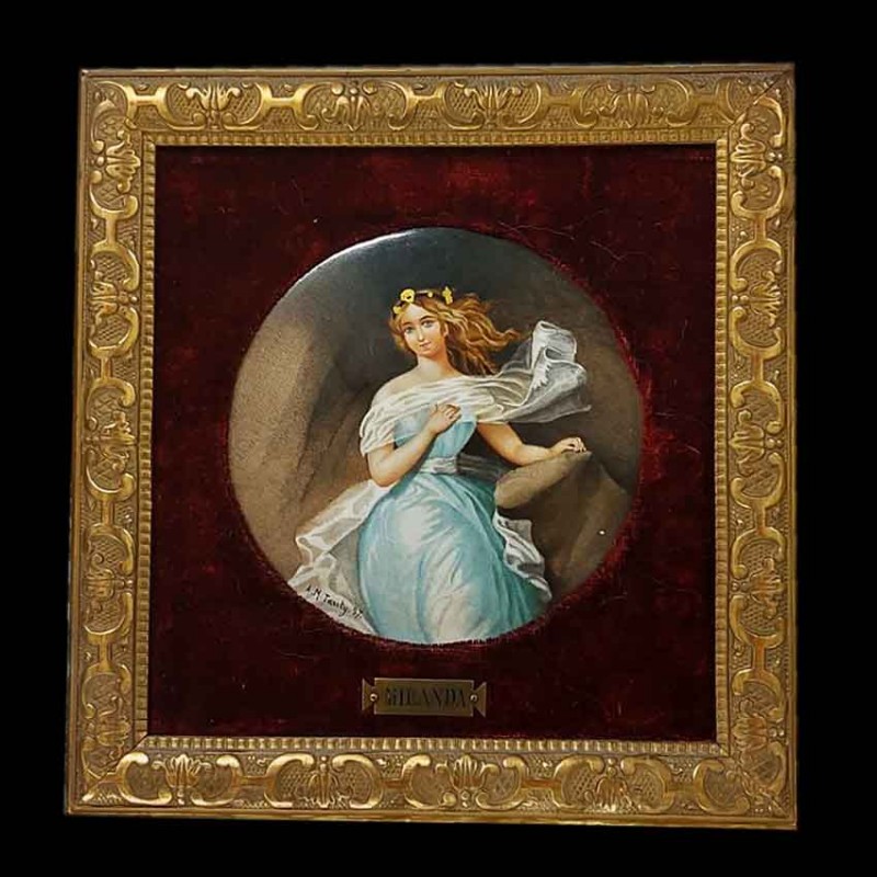 Pintura sobre porcelana Miranda, 1897, firmada Tauty, Lyon, marco antiguo dorado.