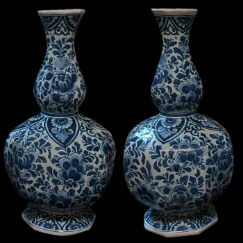 paire vases royal delft bleu blanc double gourde faience 1950