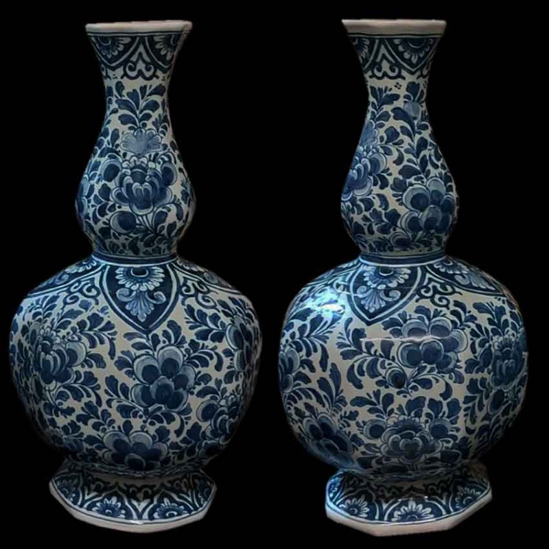 Paar Royal Delft blau-weiße Doppelkürbisvasen, Steingut, 1950