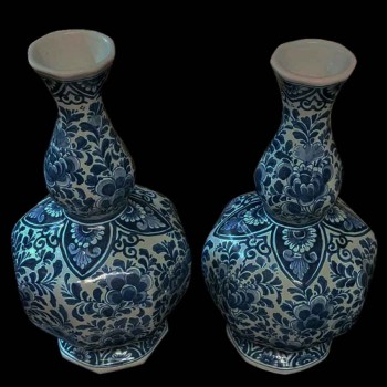 Paar Royal Delft blau-weiße Doppelkürbisvasen, Steingut, 1950