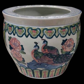 Asian-style earthenware basin with peacocks and lotus flowers, Japanese style, 1930s decorative