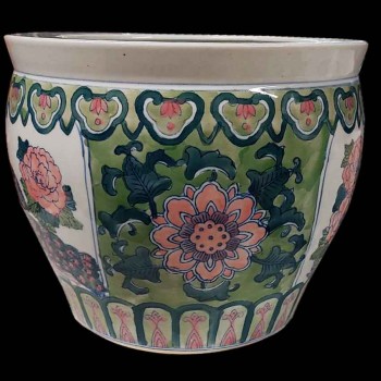 Aardewerken waskom in Aziatische stijl met pauwen en lotusbloemen, Japanse stijl, decoratief, jaren 1930