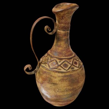 large vintage stoneware jug art deco rustic ceramic jar metal handle