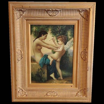 Dipinto raffigurante Venere e Cupido, olio su tavola, scena mitologica, cornice dorata.