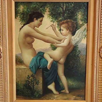 Cuadro de Venus y Cupido, óleo sobre tabla, escena mitológica, marco dorado.