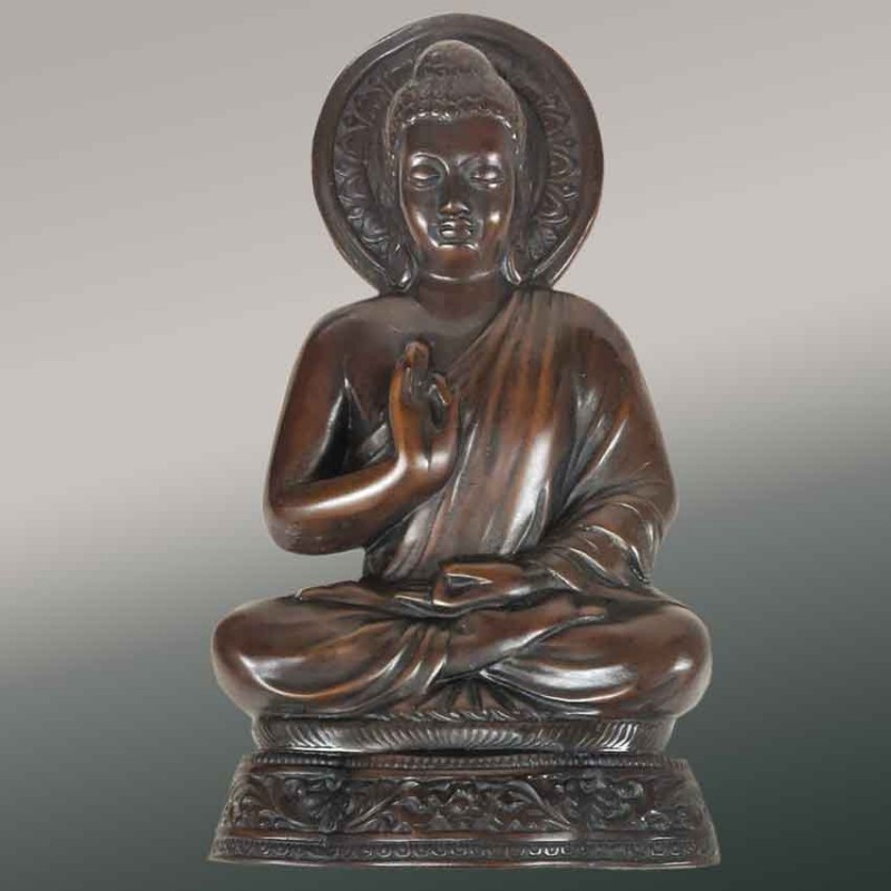 carved wooden Buddha statue with abhaya mudra, vintage Asian Zen decoration