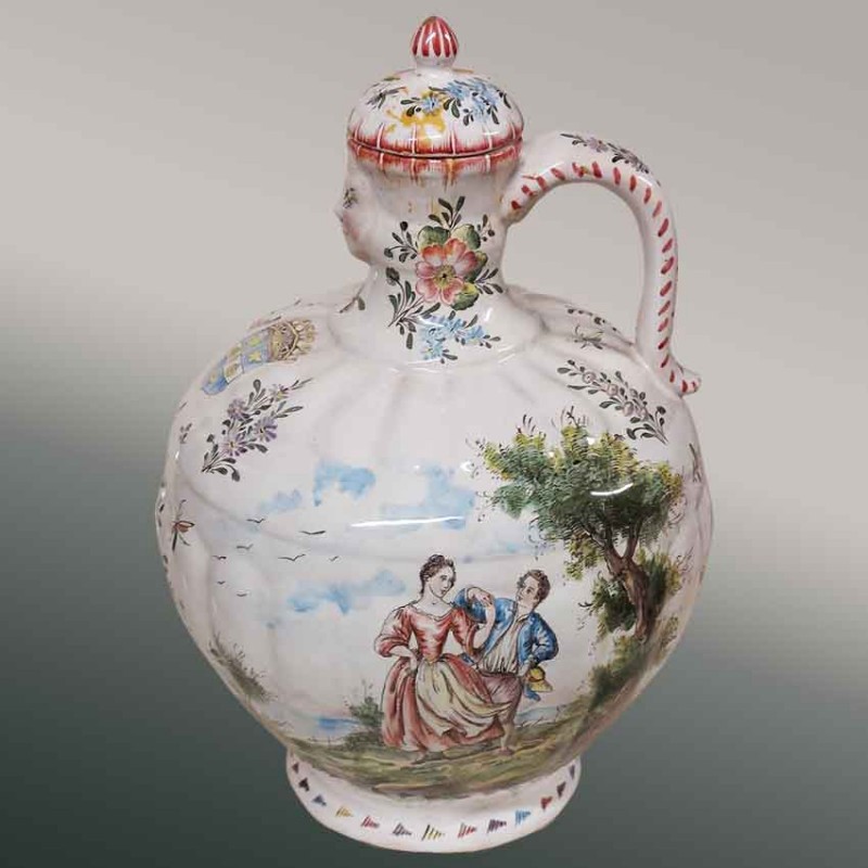 Moustiers polychrome earthenware ewer, 18th century, Ferrat galant antique decoration
