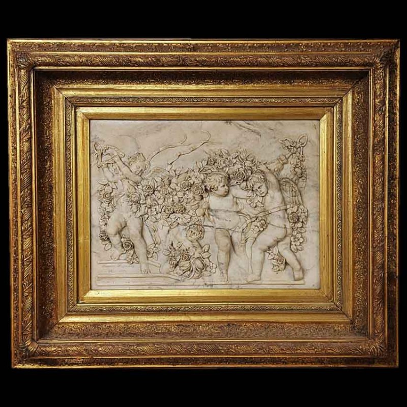 haut relief marbre cherubin duquesnoy sculpture murale ancienne cadre dore