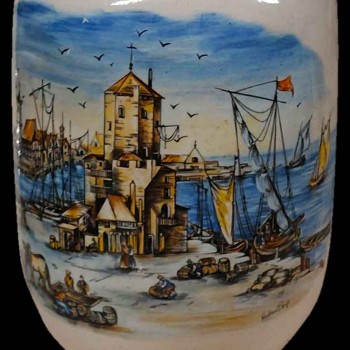 Antieke Nederlandse vaas, handbeschilderd aardewerk, Medemblik, havengezicht