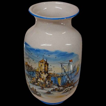 dutch hand painted faience vase medemblik harbor scene 1930s