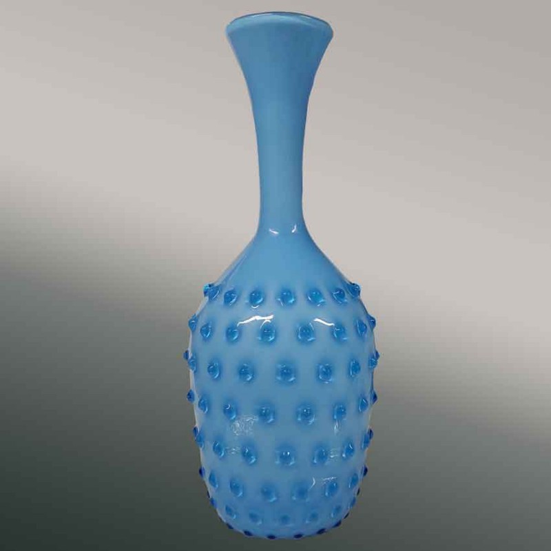 Jarrón de Murano, azul turquesa, perla, vidrio soplado italiano vintage.