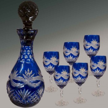 Service de 6 verres à vin et carafe en cristal bleu cobalt Art Déco