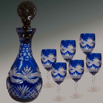 Servizio da vino Art Déco in cristallo blu cobalto, caraffa, bicchieri da vino, misure